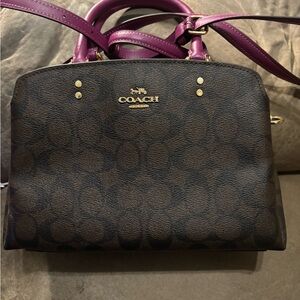 Coach Brown Signature Canvas Satchel with Purple Handles